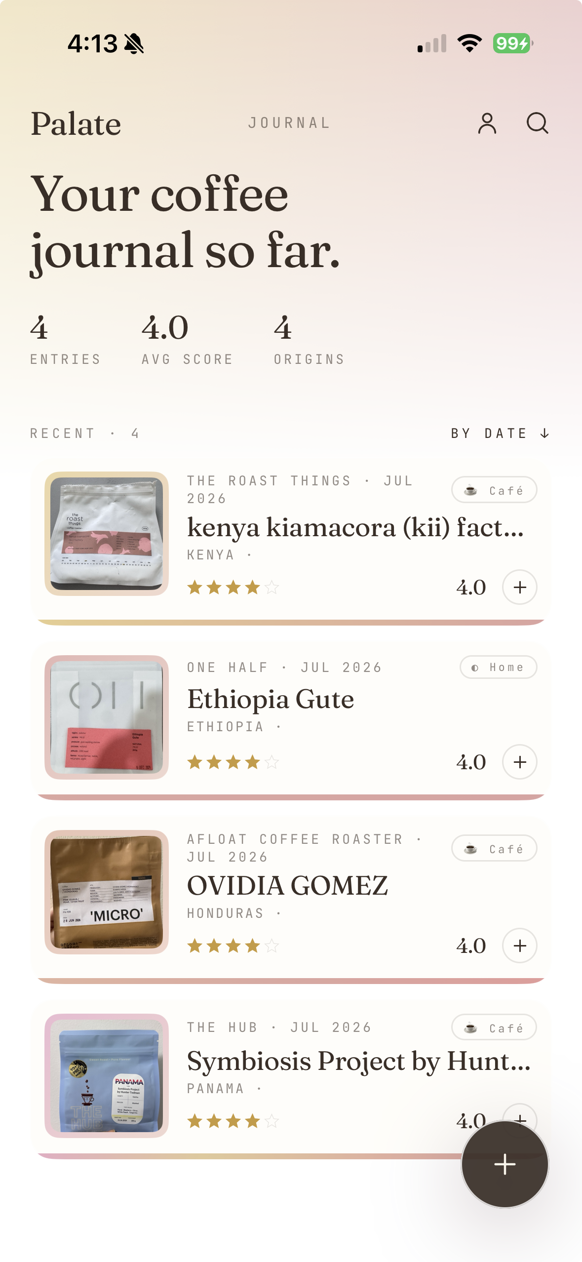 Palate app journal screen showing four logged coffee entries with roaster names, origins, and star ratings