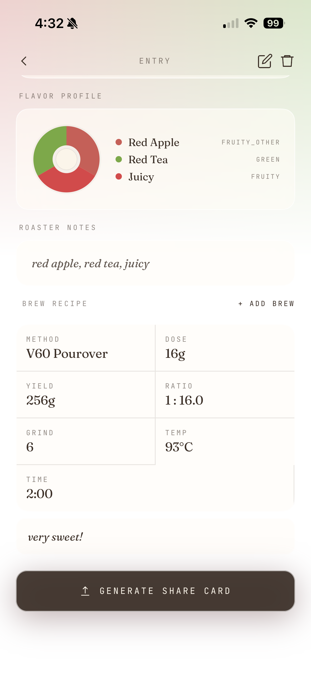 Palate brew recipe panel showing V60 pourover details — dose, yield, ratio, grind, temperature and time — with a tasting note reading 'very sweet!'