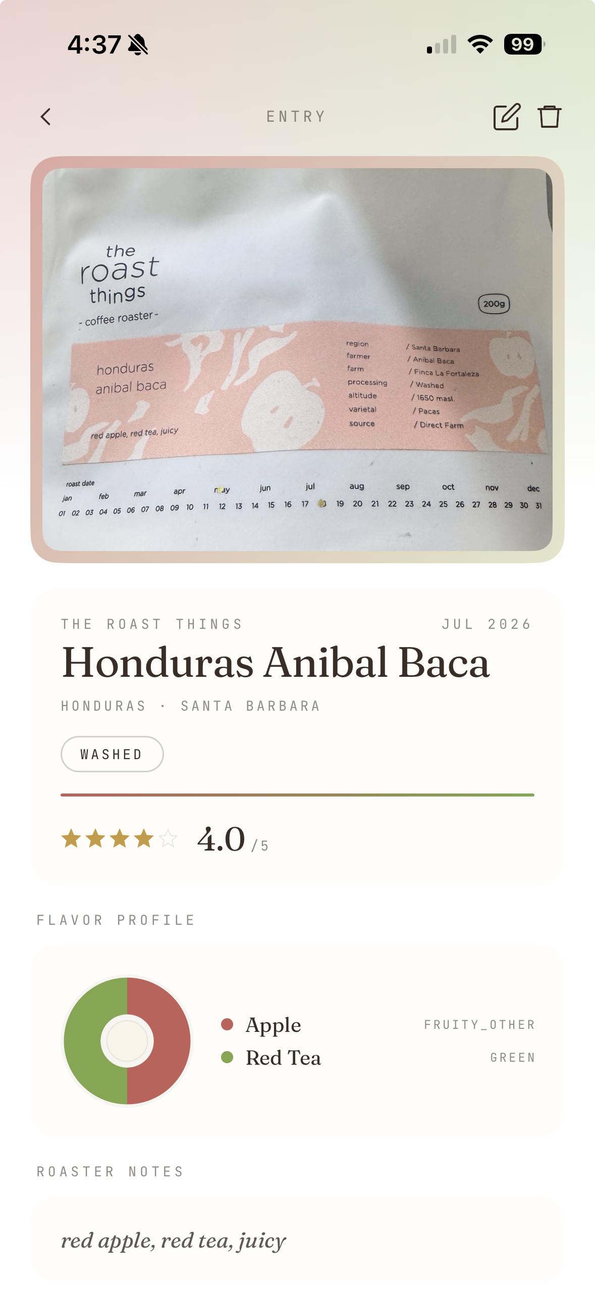 Palate entry detail for Honduras Anibal Baca showing the bag photo, a 4.0 out of 5 rating, and a flavor profile chart